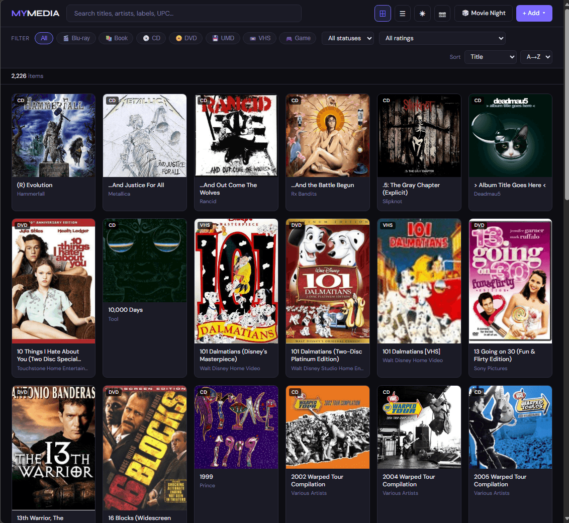 MediaLibrary app showing a grid of album and film covers